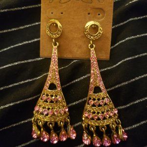 Pink Zircon Crystal Eiffel Tower Gold Earrings